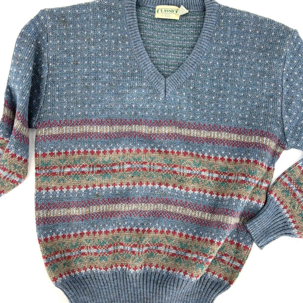 Vintage Sears Classics Wool Blend Fair Isle V Neck Sweater Size L